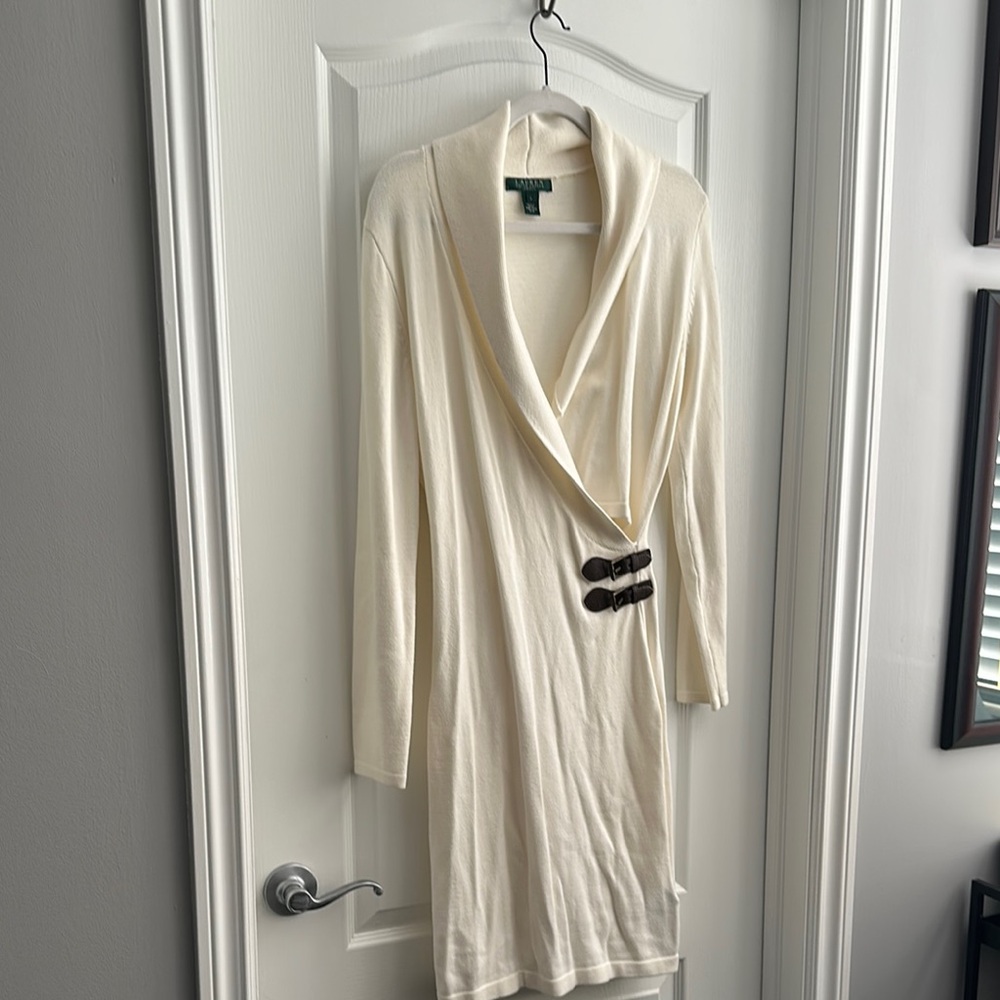 Lauren Ralph Lauren Ivory Long Sleeve Wrap-Style Dress with Dark Brown Buckles
